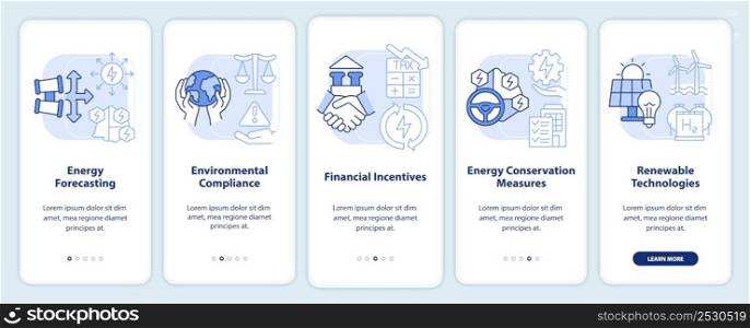 Efficient energy planning blue light onboarding mobile app screen. Walkthrough 5 steps graphic instructions pages with linear concepts. UI, UX, GUI template. Myriad Pro-Bold, Regular fonts used. Efficient energy planning blue light onboarding mobile app screen