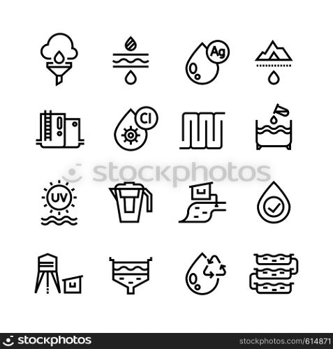 Effluent water treatment. Water purification linear vector icons. Illustration of purification sewer water, sewage filtered. Effluent water treatment. Water purification linear vector icons