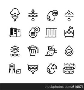 Effluent water treatment. Water purification linear vector icons. Illustration of purification sewer water, sewage filtered. Effluent water treatment. Water purification linear vector icons