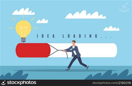 Effort, slow progress of idea. Achieving the goal. Businessman pushes load line. Light bulb sign, difficult implementation innovation or new strategy. Vector cartoon flat isolated business concept. Effort, slow progress of idea. Achieving the goal. Businessman pushes load line. Light bulb sign, difficult implementation innovation. Vector cartoon flat isolated business concept