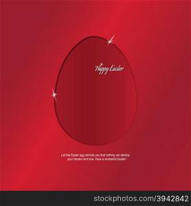 Egg. A congratulation Happy Easter. Colorful Egg with congratulations of the Holy Easter. Bright red background with elements of the glow and text. Stylish greeting. Postcard with Easter greetings.