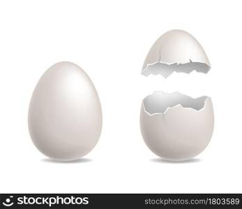 Egg cracked. White chicken eggs realistic, whole and broken element. Cracks and debris eggshell, culinary cooking nutrition ingredient, farm bird incubator, easter decor object. Vector isolated set. Egg cracked. White chicken eggs realistic, whole and broken element. Cracks and debris eggshell, culinary cooking ingredient, farm bird incubator, easter decor object. Vector isolated set