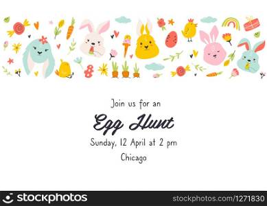 Egg Hunt invitation template with cute rabbits. Easter holiday card. Egg Hunt invitation template with cute rabbits.