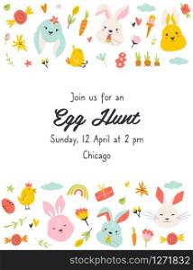 Egg Hunt invitation template with cute rabbits. Easter holiday card. Egg Hunt invitation template with cute rabbits.