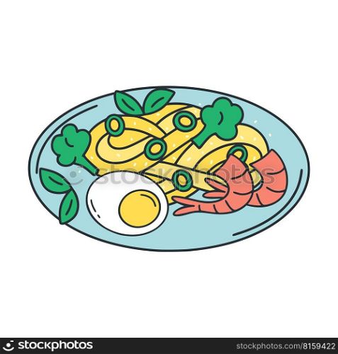 Egg noodles with shrimp egg and vegetables clip art. Traditional Asian cuisine. Hearty lunch with seafood asianfood isolated vector illustration. Egg noodles with shrimp egg and vegetables clip art