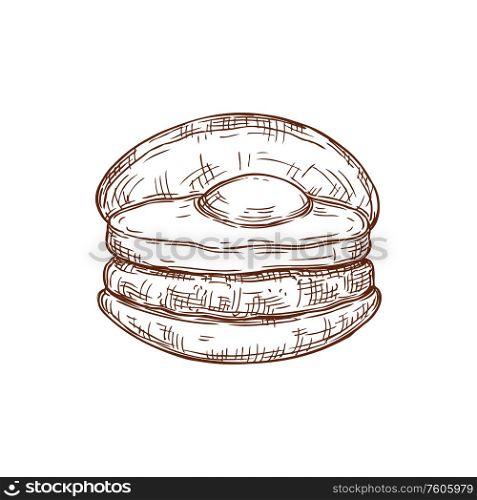 Egg on bun isolated breakfast food monochrome sketch. Vector sandwich with chicken. Sandwich with chicken egg isolated drawn sketch