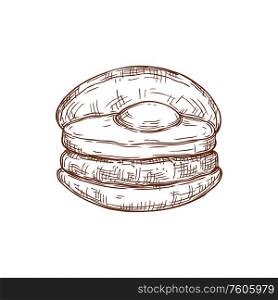 Egg on bun isolated breakfast food monochrome sketch. Vector sandwich with chicken. Sandwich with chicken egg isolated drawn sketch