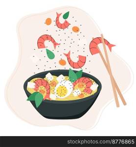 Egg udon noodles with seafood vector illustration. Asia food soup with pasta and shrimp. Traditional Japanese dish. Egg udon noodles with seafood vector illustration. Asia food