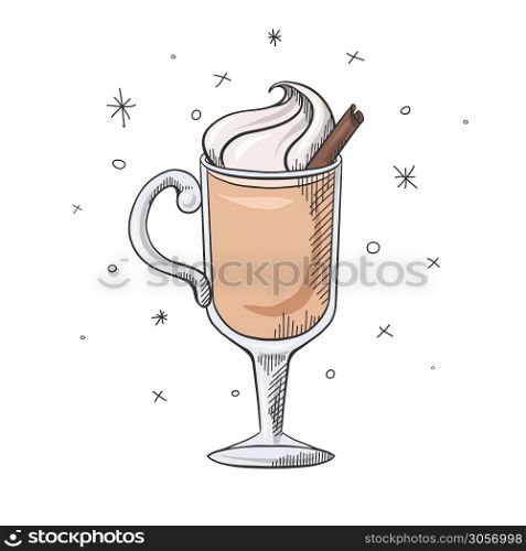 Eggnog with cinnamon and whipped cream. Sketch of a Christmas treat. Festive gogol mogol with decorations. Vector element for menus, recipes, cards and your creativity.. Eggnog with cinnamon and whipped cream. Sketch of a Christmas treat. Festive gogol mogol with decorations. Vector element