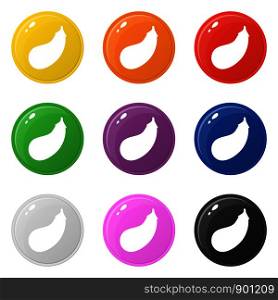 Eggplant icons set 9 colors isolated on white. Collection of glossy round colorful buttons. Vector illustration for any design.