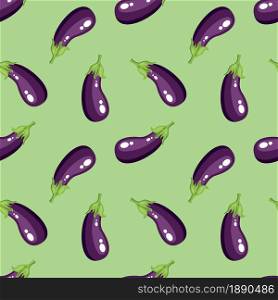 Eggplant vegetable on green background seamless pattern. Vector illustration.