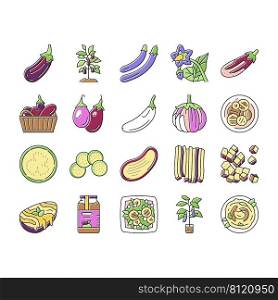 Eggplant Vitamin Bio Vegetable Icons Set Vector. Eggplant Cut And Sliced Ingredient For Cooking Salad And Baking With Cheese, Growing Plant And Harvesting In Garden Color Illustrations. Eggplant Vitamin Bio Vegetable Icons Set Vector
