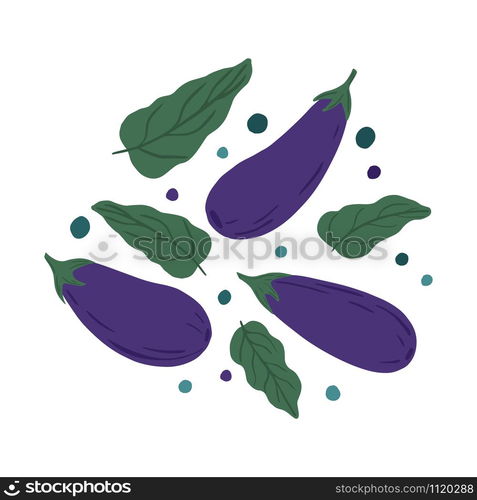 Eggplants and leaves on a white background. Hand draw vegetable print. Vector illustration.. Eggplants and leaves on a white background. Hand draw vegetable print.