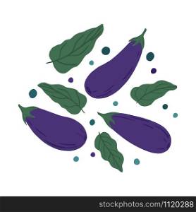 Eggplants and leaves on a white background. Hand draw vegetable print. Vector illustration.. Eggplants and leaves on a white background. Hand draw vegetable print.