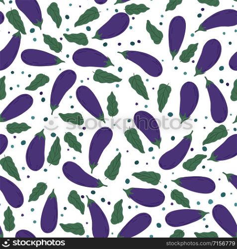 Eggplants seamless pattern. Violet aubergines wallpaper. Design for fabric, textile print, wrapping paper, textile, restaurant menu. Vector illustration. Eggplants seamless pattern. Violet aubergines wallpaper illustration