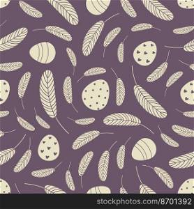 Eggs and feathers Easter seamless pattern. Design for Easter, textile, paper, printing, scrapbooking, greeting cards. Vector flat illustration. Eggs and feathers Easter seamless pattern