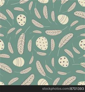 Eggs and feathers Easter seamless pattern. Design for Easter, textile, paper, printing, scrapbooking, greeting cards. Vector flat illustration. Eggs and feathers Easter seamless pattern.