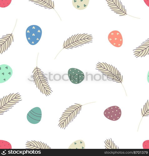 Eggs and feathers Easter seamless pattern. Festive Easter background. Design for Easter, textile, paper, printing, greeting cards, scrapbooking..  Easter seamless pattern with eggs and feathers