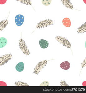 Eggs and feathers Easter seamless pattern. Festive Easter background. Design for Easter, textile, paper, printing, greeting cards, scrapbooking..  Easter seamless pattern with eggs and feathers