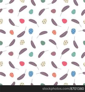Eggs and feathers Easter seamless pattern. Festive Easter background. Design for Easter, textile, paper, printing, greeting cards, scrapbooking.. Easter seamless pattern with eggs and feathers