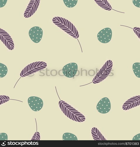 Eggs and feathers Easter seamless pattern. Festive Easter background. Design for Easter, textile, paper, printing, greeting cards, scrapbooking..  Easter pattern with eggs and feathers
