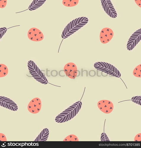 Eggs and feathers Easter seamless pattern. Festive Easter background. Design for Easter, textile, paper, printing, greeting cards, scrapbooking..  Easter seamless pattern with eggs and feathers