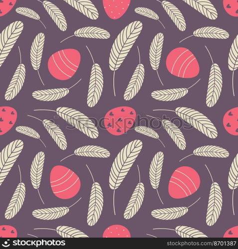 Eggs and feathers Easter seamless pattern. Festive Easter background. Design for Easter, textile, paper, printing, greeting cards, scrapbooking.. Eggs and feathers Easter seamless pattern. Festive Easter background