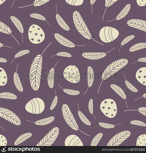 Eggs and feathers Easter seamless pattern. Festive Easter background. Design for Easter, textile, paper, printing, greeting cards, scrapbooking..  Easter seamless pattern with eggs and feathers.