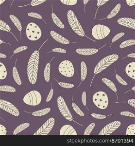 Eggs and feathers Easter seamless pattern. Festive Easter background. Design for Easter, textile, paper, printing, greeting cards, scrapbooking..  Easter seamless pattern with eggs and feathers.