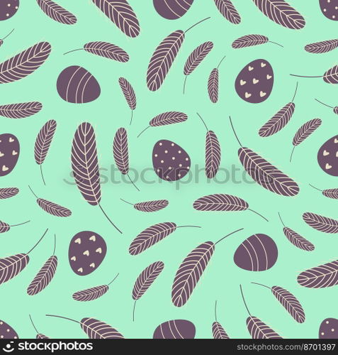 Eggs and feathers Easter seamless pattern. Festive Easter background. Design for Easter, textile, paper, printing, greeting cards, scrapbooking..  Easter seamless pattern with eggs and feathers.
