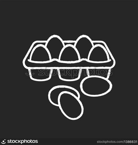 Eggs chalk white icon on black background. Chicken products in tray package. Farming raw fresh food. Culinary recipe ingredient. Dairy item. Breakfast meal. Isolated vector chalkboard illustration. Eggs chalk white icon on black background