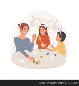 Eggs dyeing isolated cartoon vector illustration Happy parents with kids painting Easter eggs together in the kitchen, religious holiday celebration, old family tradition vector cartoon.. Eggs dyeing isolated cartoon vector illustration