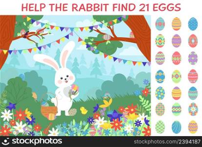 Eggs hunt. Easter puzzle game location with bunny and egg in garden or forest. Hare and chicken with basket, festive play hidden objects decent vector background. Illustration of easter puzzle game. Eggs hunt. Easter puzzle game location with bunny and egg in garden or forest. Hare and chicken with basket, festive play hidden objects decent vector background
