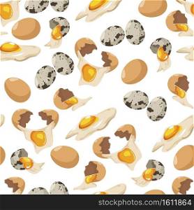Eggs of chicken and quail seamless pattern of products. Whole and broken eggshell, protein nutritious ingredients for cooking breakfast, dinner omelette. Raw product in shell, vector in flat style. Quail and chicken egges, whole and broken eggshell