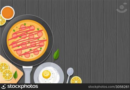 Eggs Pizza on Cooking Wooden Table Kitchen Backdrop Illustration