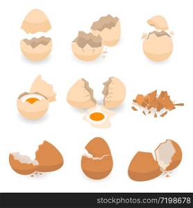 Eggshell icons set. Isometric set of eggshell vector icons for web design isolated on white background. Eggshell icons set, isometric style