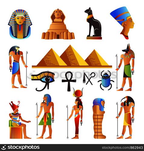 Egypt ancient culture symbols and icons set. Vector isolated Egyptian pyramids, Pharaohs and gods, mummy or Sphinx and sacred animals or birds, scarab and scorpion, Nefertiti and Tutankhamen signs. Egypt culture symbols vector isolated icons of gods and sacred animals