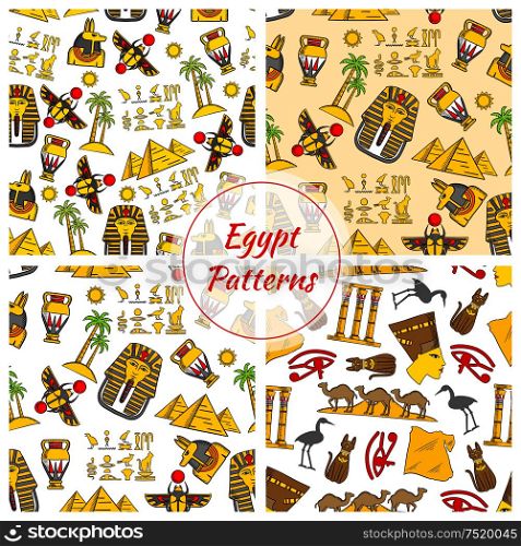 Egypt. Ancient Egyptian culture seamless patterns. Vector pattern of Egypt cultural objects Pyramids, Nefertiti bust, eye of Horus, Tutankhamun pharao mask, scarab, camels in desert, sacred cat and stork, Egypt map, cuneiform, Amon Ra. Ancient Egypt culture patterns