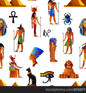 Egypt and Egyptian mythological signs seamless pattern isolated background vector. Cat and ankh, nefertiti and anubis god, pyramids and ra, creatures with dog head. Pharaoh and ancient culture art. Egypt and Egyptian mythological signs seamless pattern vector