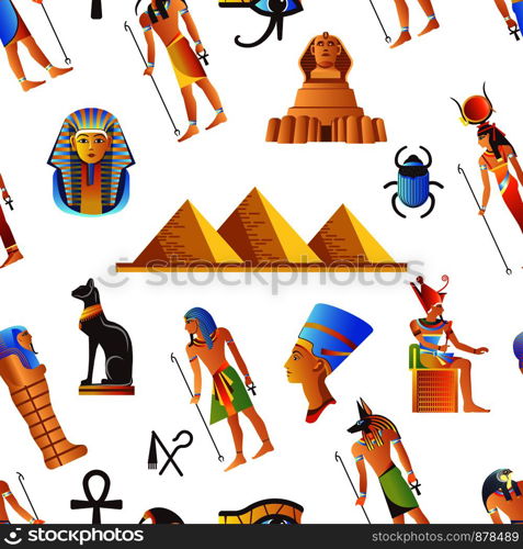 Egypt and Egyptian mythological signs seamless pattern isolated background vector. Cat and ankh, nefertiti and anubis god, pyramids and ra, creatures with dog head. Pharaoh and ancient culture art. Egypt and Egyptian mythological signs seamless pattern isolated background vector.