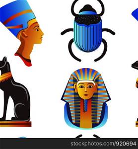 Egypt and Egyptian mythological signs seamless pattern isolated background vector. Cat and ankh, nefertiti and anubis god, pyramids and ra, creatures with dog head. Pharaoh and ancient culture art. Egypt and Egyptian mythological signs seamless pattern isolated background vector.