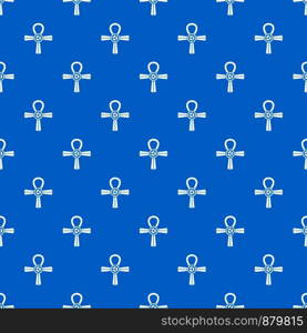 Egypt Ankh symbol pattern repeat seamless in blue color for any design. Vector geometric illustration. Egypt Ankh symbol pattern seamless blue
