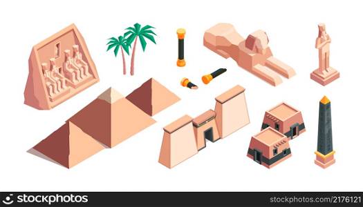 Egypt architectural objects. Old historical buildings old desert historical pyramids garish vector illustrations isometric. Ancient egypt architecture, pyramid of egyptian. Egypt architectural objects. Old historical buildings old desert historical pyramids garish vector illustrations isometric