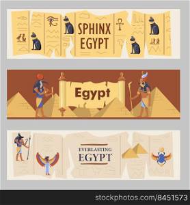 Egypt banners set. Egyptian pyramids, cats and gods vector illustrations with text. Templates for travel flyers or brochures