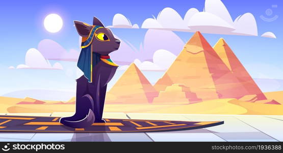 Egypt cat goddess Bastet sitting at palace floor front of Pharaoh pyramids in Sahara desert. Cartoon sacred animal, ancient Egyptian deity character wear necklace and headwear, Vector illustration. Egypt cat goddess Bastet sitting front of pyramids