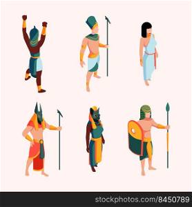 Egypt characters. Ancient isometric persons gods pharaoh sculpture landmarks antique statue garish vector egyptian people. Egypt ancient character, pharaoh and warrior illustration. Egypt characters. Ancient isometric persons gods pharaoh sculpture landmarks antique statue garish vector egyptian people