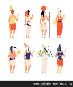 Egypt characters. Ancients egyptian god, old culture goddess. Osiris anubis statues, cartoon historical vector collection. Goddess ancient, anubis sacred and antique egyptian mythological illustration. Egypt characters. Ancients egyptian god, old culture goddess. Osiris horus anubis statues, cartoon historical symbols utter vector collection