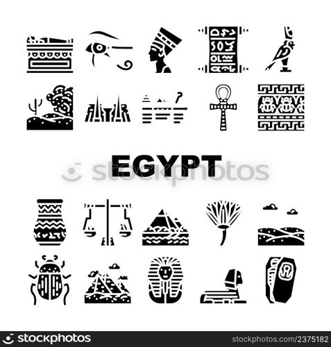 Egypt Civilization Landscape Icons Set Vector. Nefertiti Egypt Queen And Pharaoh Sarcophagus, Antique Vase And Ankh Ancient Decoration, Sahara Desert And Nile River Glyph Pictograms Black Illustration. Egypt Civilization Landscape Icons Set Vector