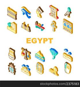 Egypt Civilization Landscape Icons Set Vector. Nefertiti Egypt Queen And Pharaoh Sarcophagus, Antique Vase And Ankh Ancient Decoration, Sahara Desert And Nile River Isometric Sign Color Illustrations. Egypt Civilization Landscape Icons Set Vector