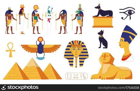 Egypt collection. Ancient Egyptian gods or mythology sacral creatures. Sphinx and pyramid. Stone sculptures. Isolated religion symbols. Cartoon decorative archeological elements. Vector historical set. Egypt collection. Ancient Egyptian gods or mythology sacral creatures. Sphinx and pyramid. Stone sculptures. Religion symbols. Decorative archeological elements. Vector historical set